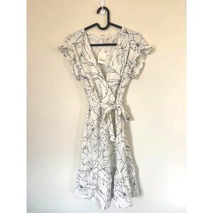 MONTEAU Los Angeles Dress Size Small Rayon Linen Blend Ruffle Hem White Black